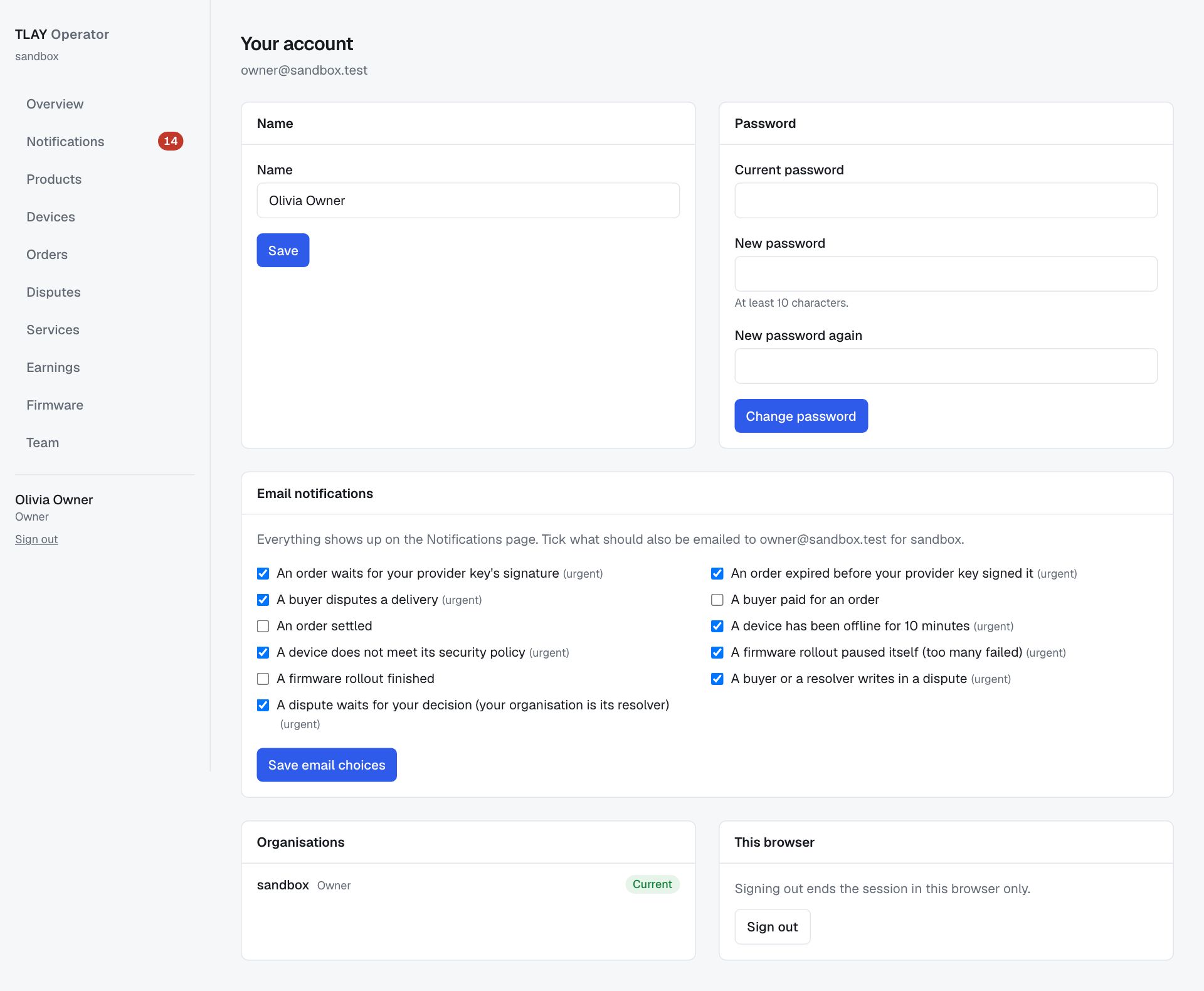 Your account page: name, password, the Email notifications checklist and your organizations