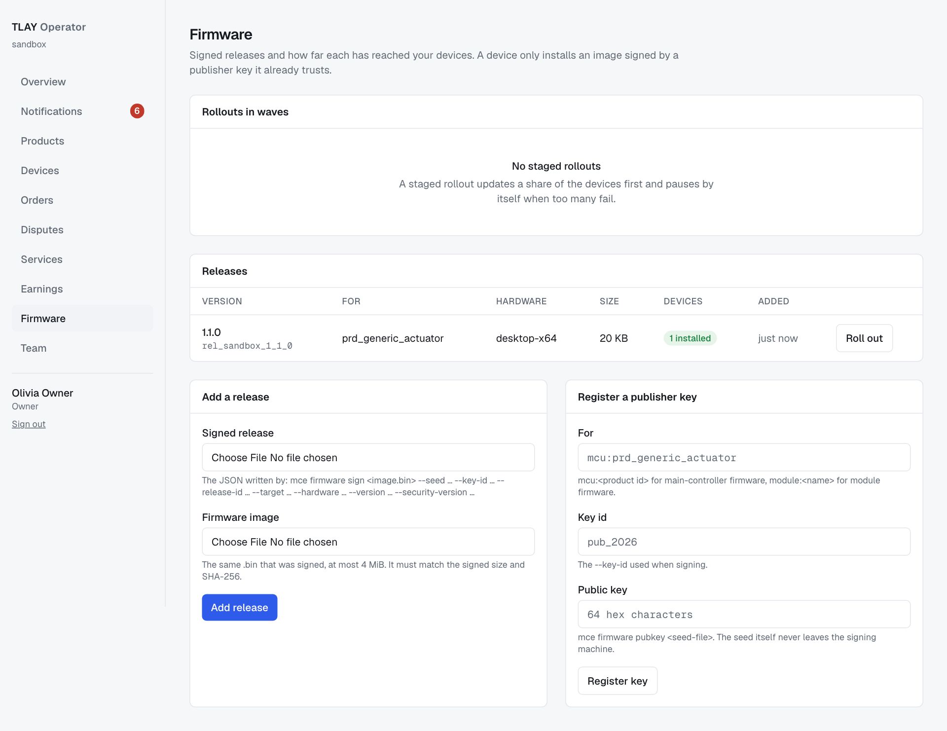 Firmware page: the rollout list, the release list, adding a release and registering a publisher key