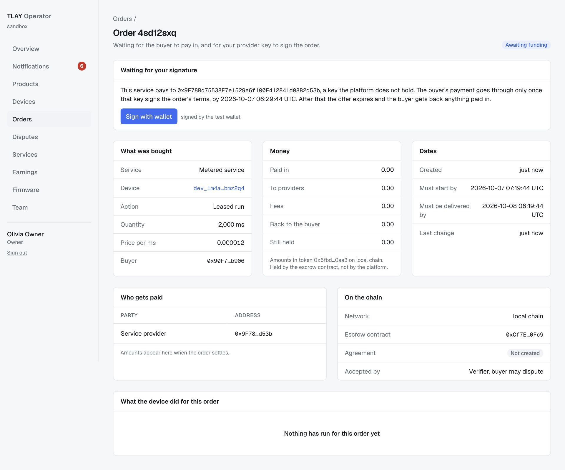 An order waiting for the seller's signature: an explanation, the signing deadline and the Sign with wallet button
