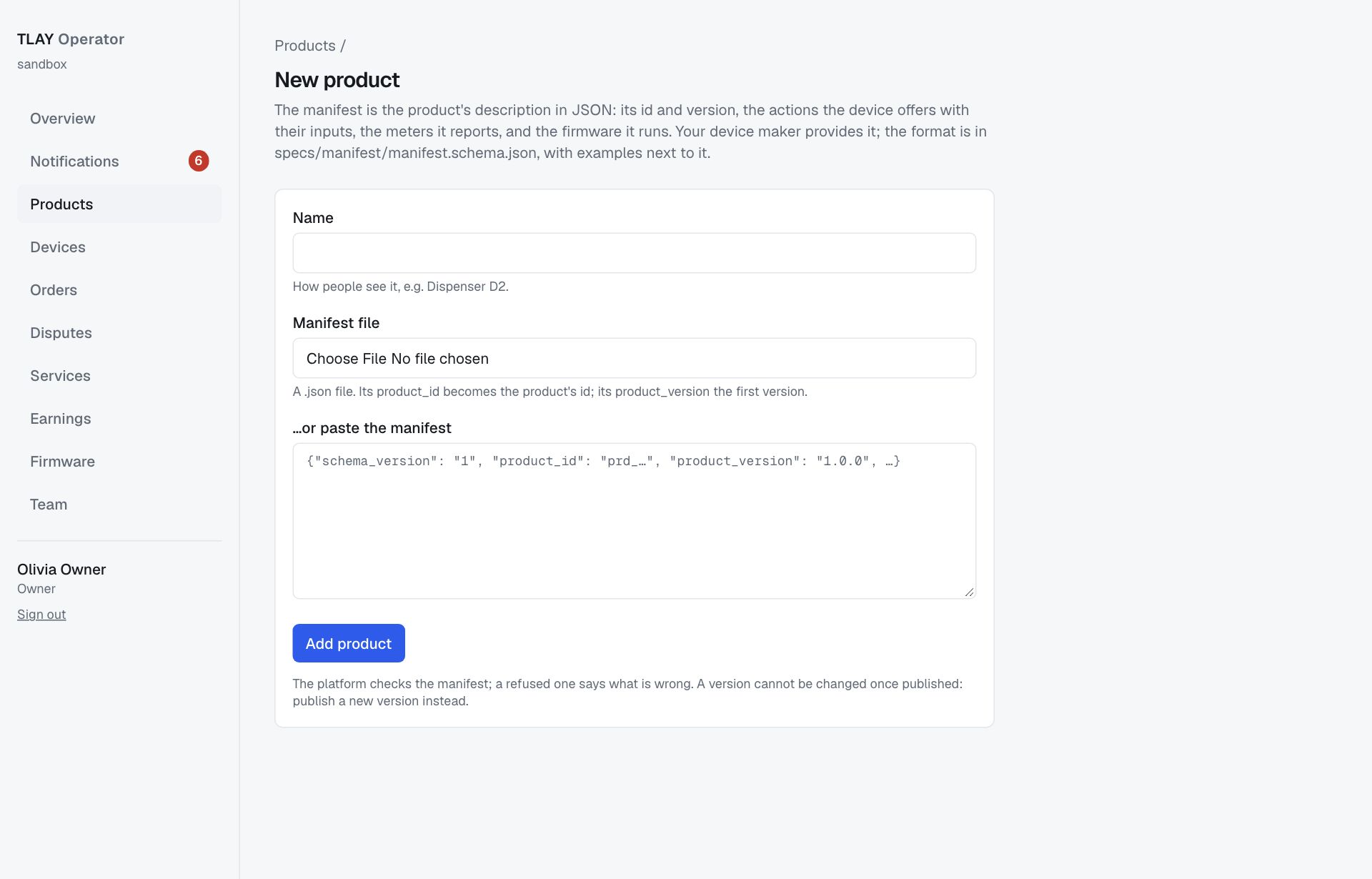 New product page: Name, Manifest file, a text box to paste the manifest, and the Add product button