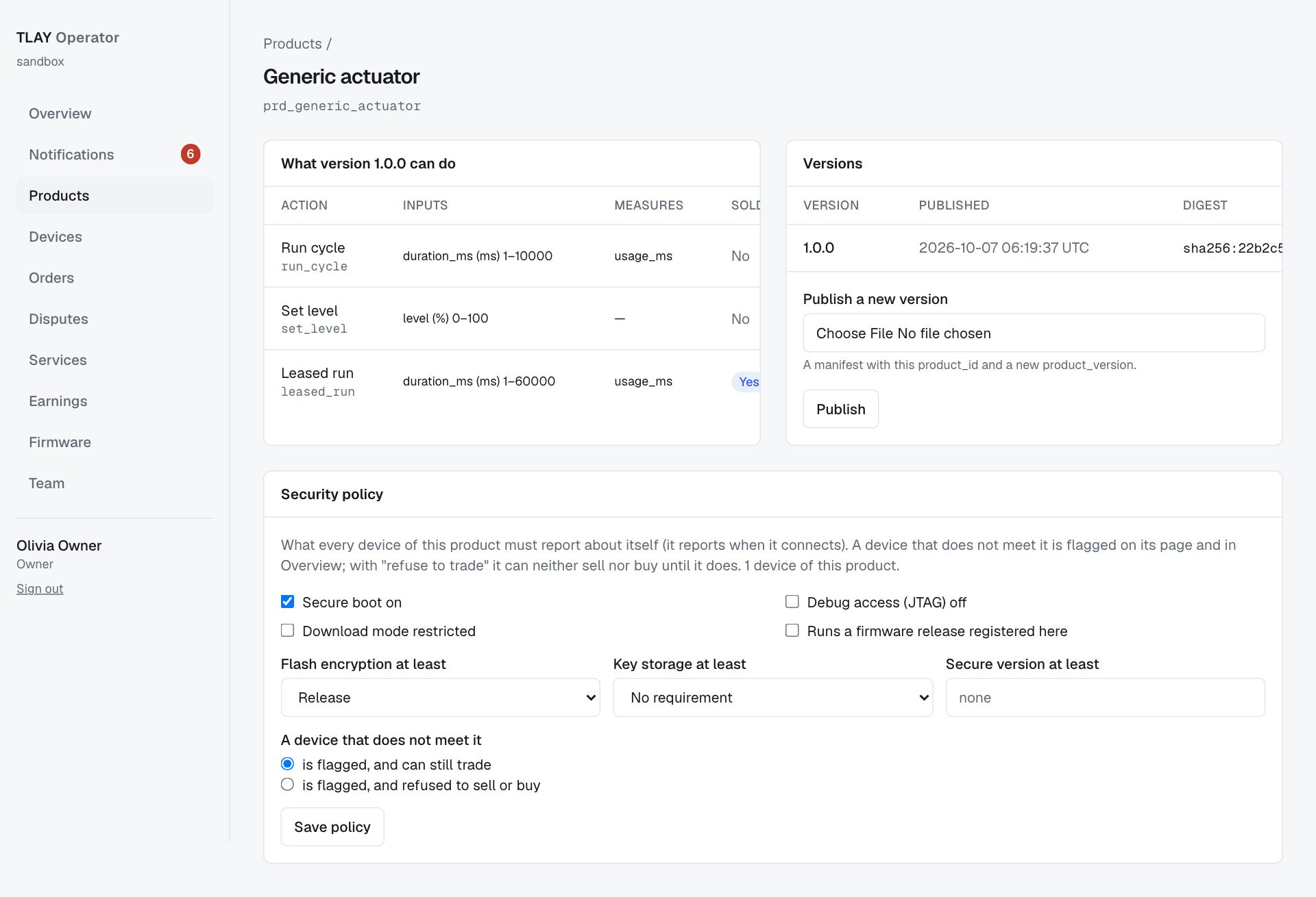 Product detail page: the action table, the version list and the security policy form