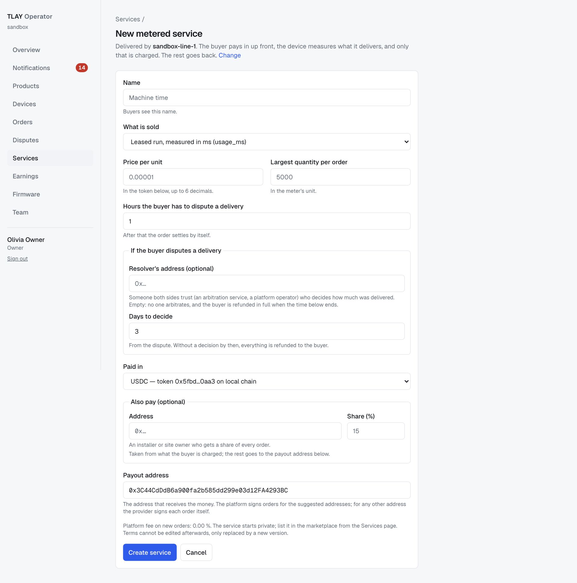 New metered service form: name, what is sold, unit price, maximum per order, dispute window, resolver address and days to decide, currency and payout address