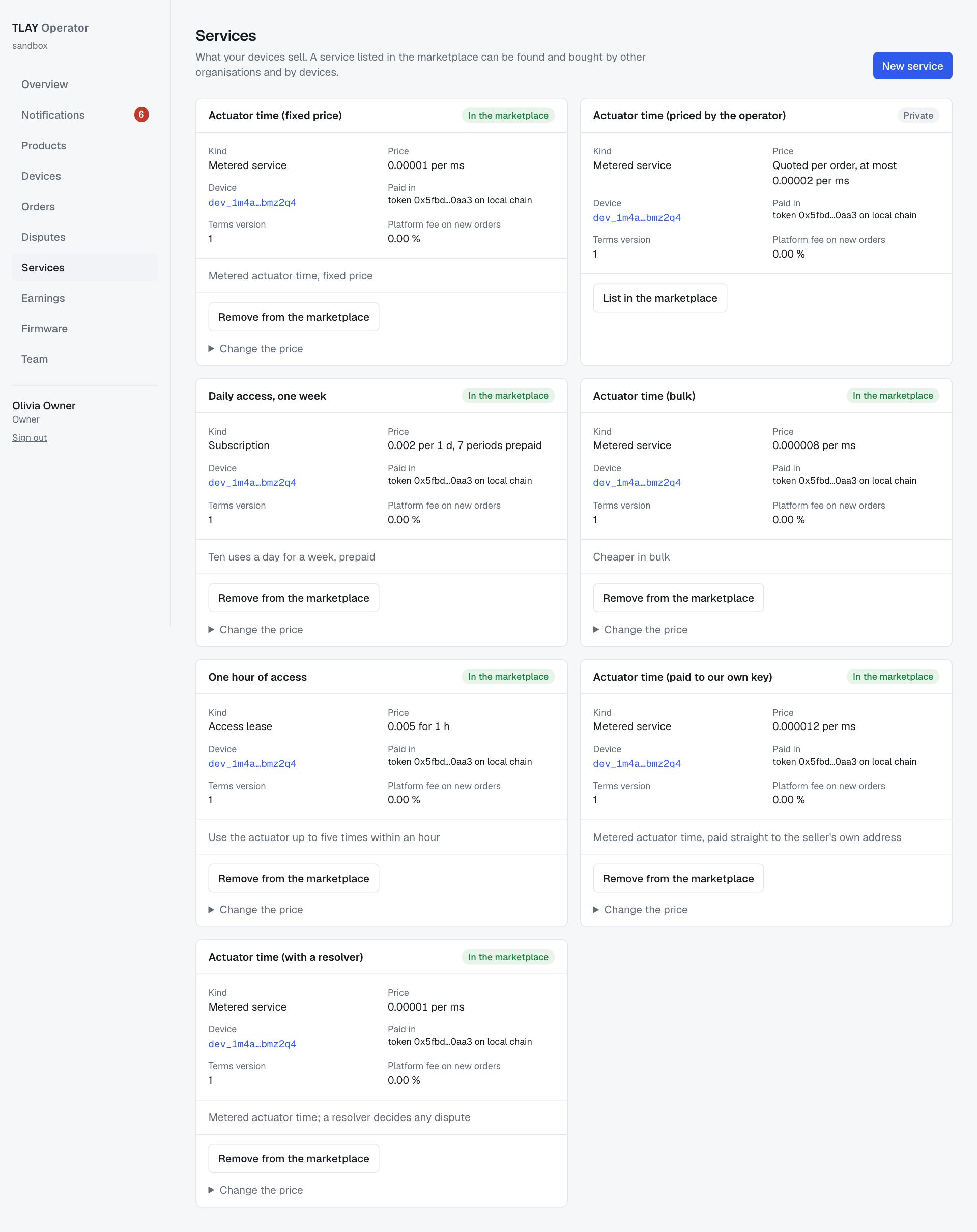 Services list: one card per service showing whether it is listed, the kind, price, device and currency