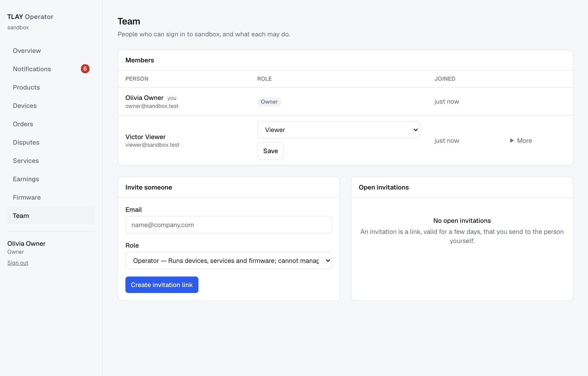 Team page: the member list, the invitation form and unused invitations