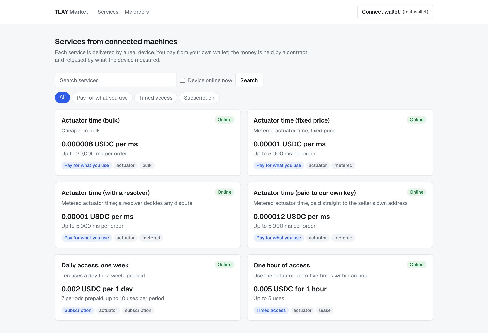 Shop home page: the search box, kind filters and service cards