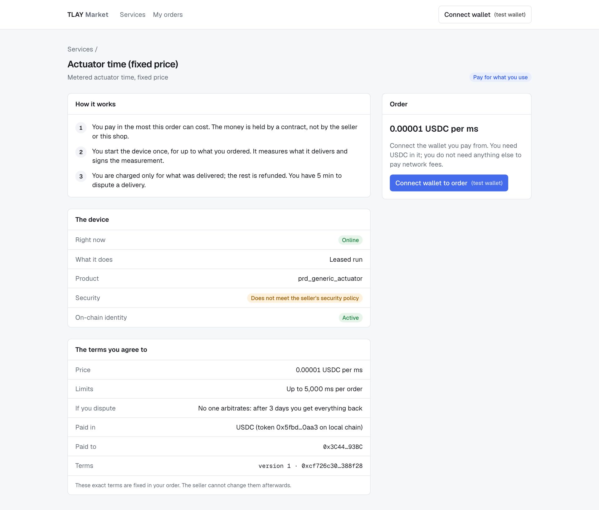 Service detail page: How it works, The device, The terms you agree to, and the order panel