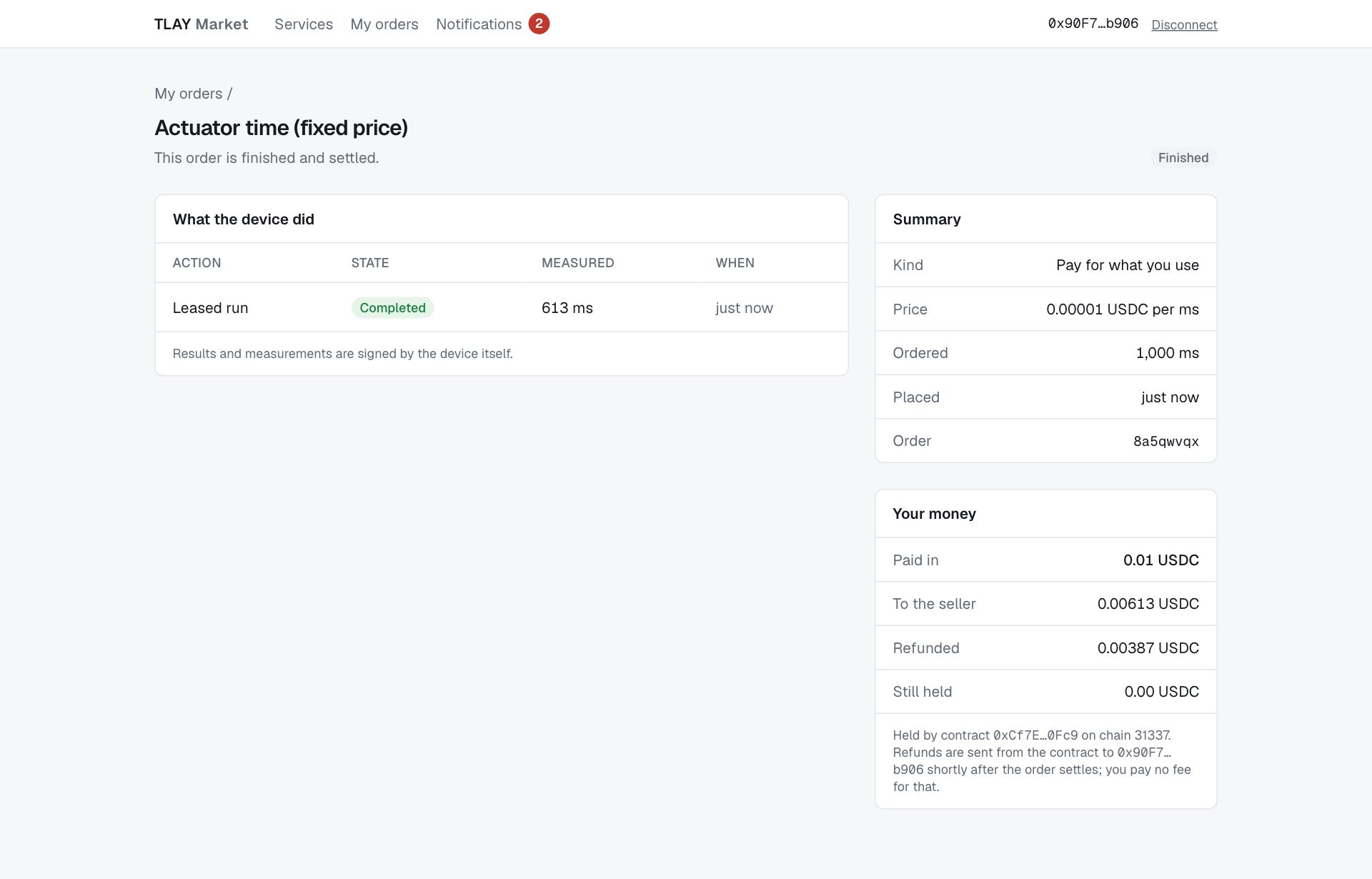 A settled order: This order is finished and settled, with the amounts paid, sent to the seller and refunded
