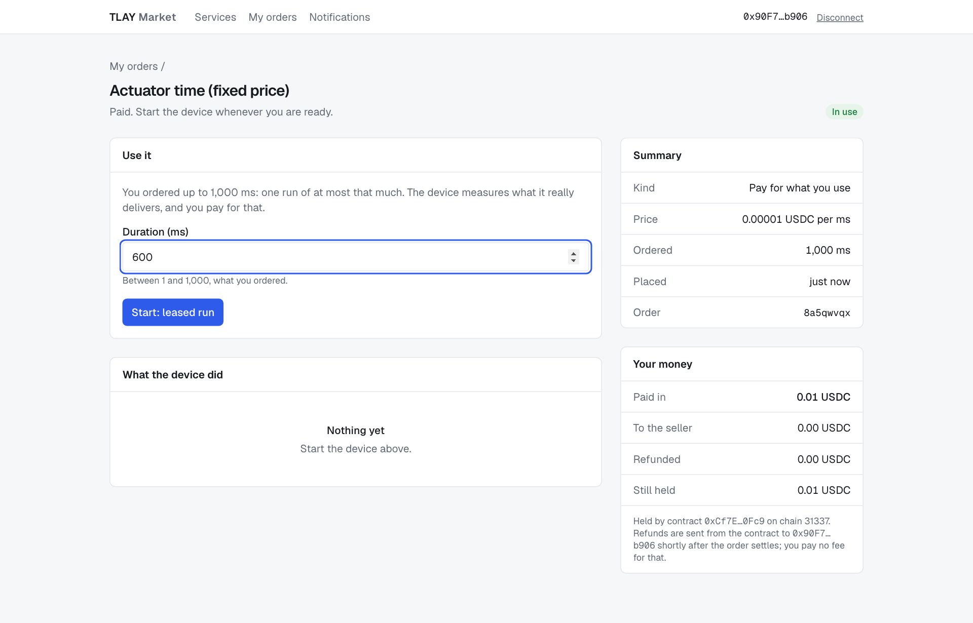 Use it card on the order page: the run parameters and the Start button
